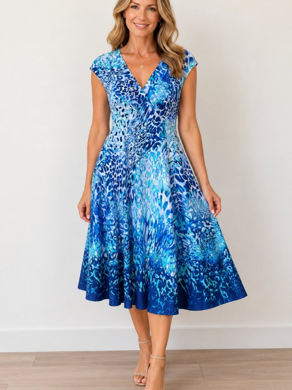 Jones New York Blue Aqua Print Fit & Flare Dress Size 6